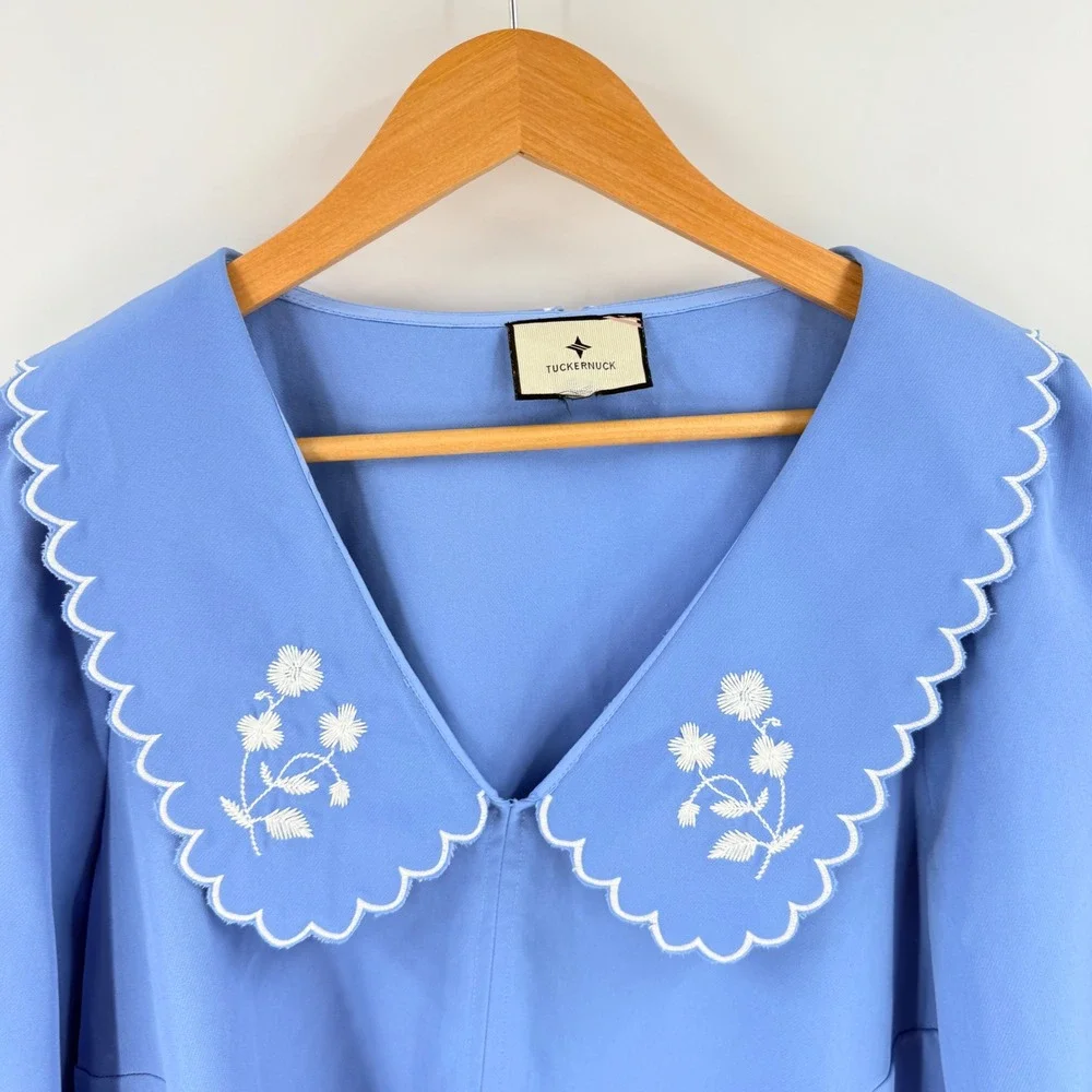 Tuckernuck Easton Blouse Blue Embroidered Scallop Collar Puff Sleeve Size L